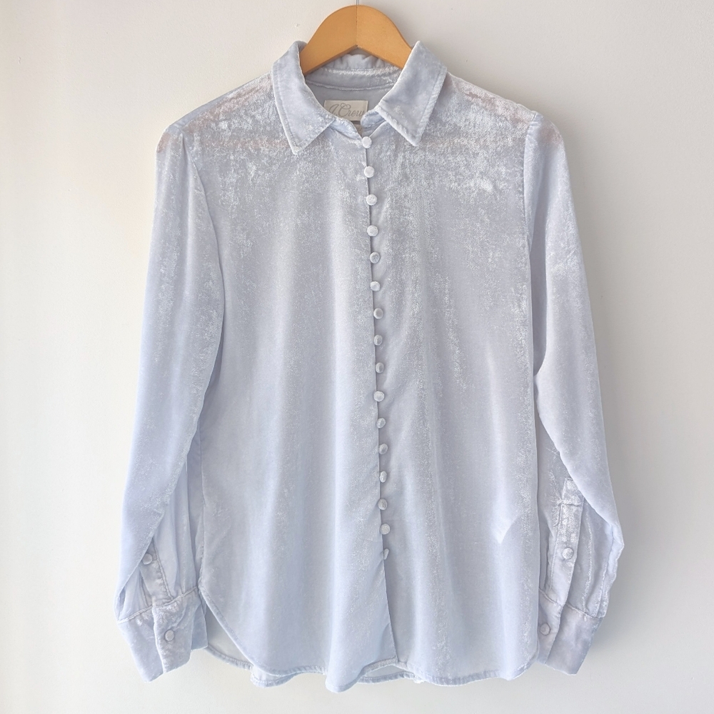 J. Crew White Velvet Covered Button Down Blouse.